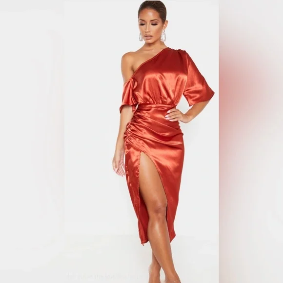 Dresses | Nwt Rust Satin Oneshoulder Midi Dress | Poshmark